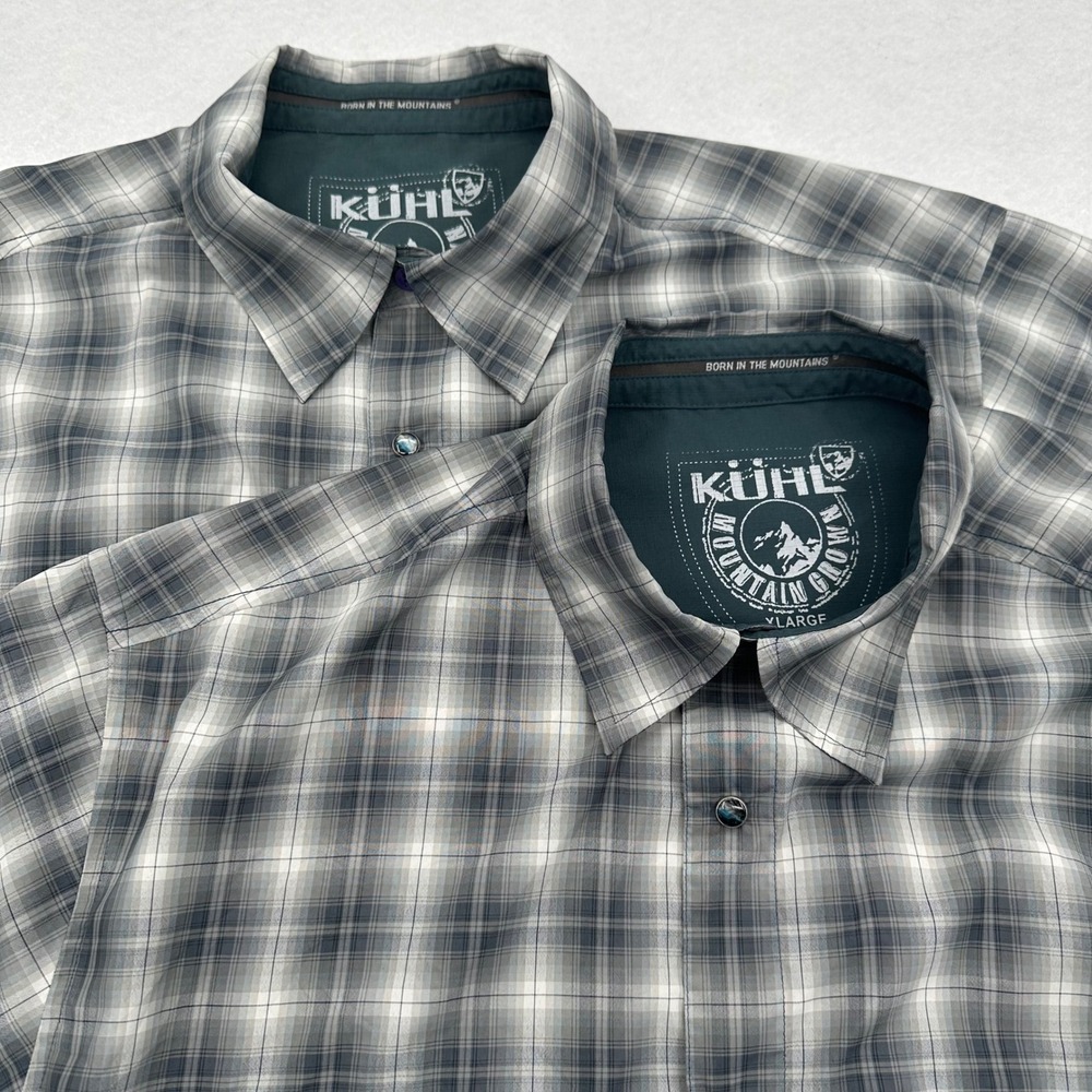 Lot 2 Kuhl Mens XL Gray White Plaid Short Sleeve Button Down Hiking Shirt